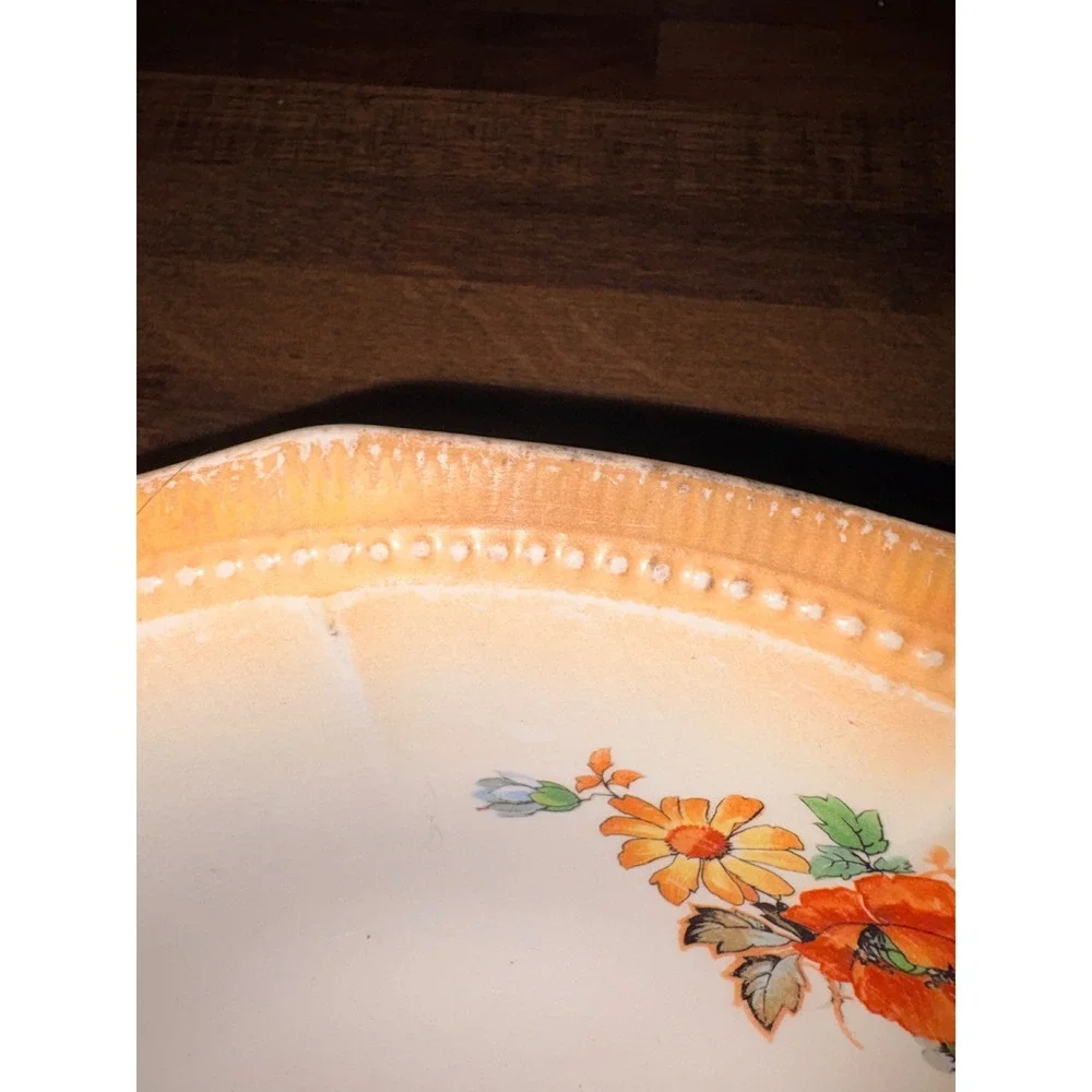 Vintage Crown Ivory Floral Serving Bowl Orange Poppies Octagonal 9 Inch
